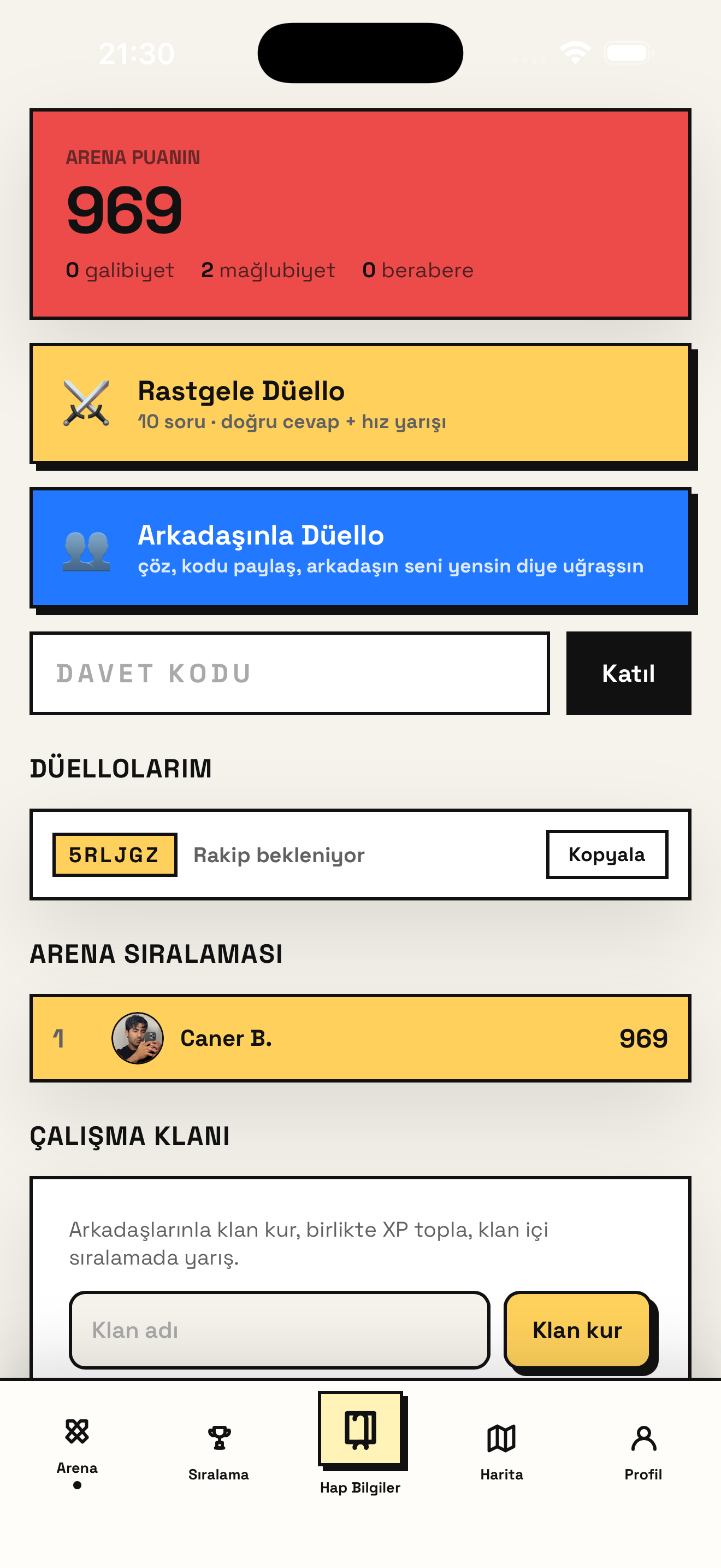 Hap Bilgi Arena ekranından kırpılmış, kurgusal örnek kullanıcı verileriyle hazırlanmış uygulama görüntüsü